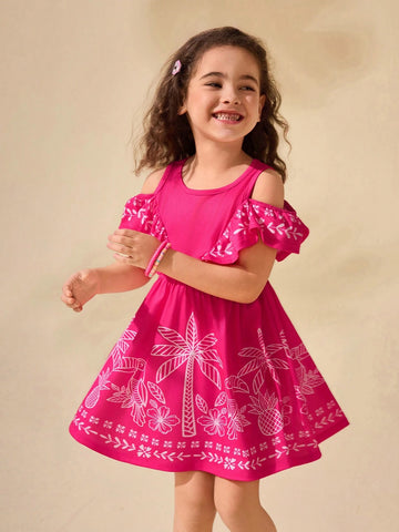 Young Girl's Cute Summer Casual Fuchsia Floral Off Shoulder Dress