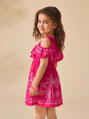 Young Girl's Cute Summer Casual Fuchsia Floral Off Shoulder Dress