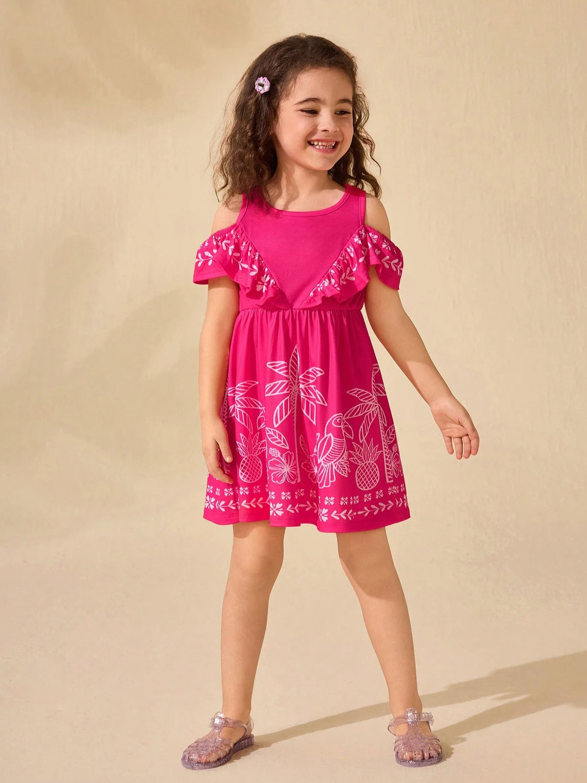 Young Girl's Cute Summer Casual Fuchsia Floral Off Shoulder Dress