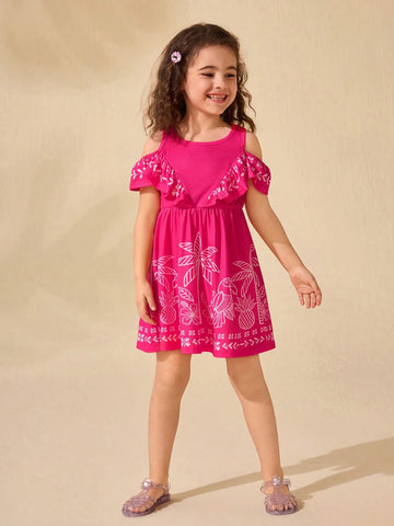 Young Girl's Cute Summer Casual Fuchsia Floral Off Shoulder Dress