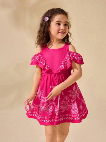 Young Girl's Cute Summer Casual Fuchsia Floral Off Shoulder Dress