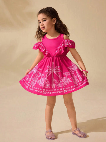 Young Girl's Cute Summer Casual Fuchsia Floral Off Shoulder Dress