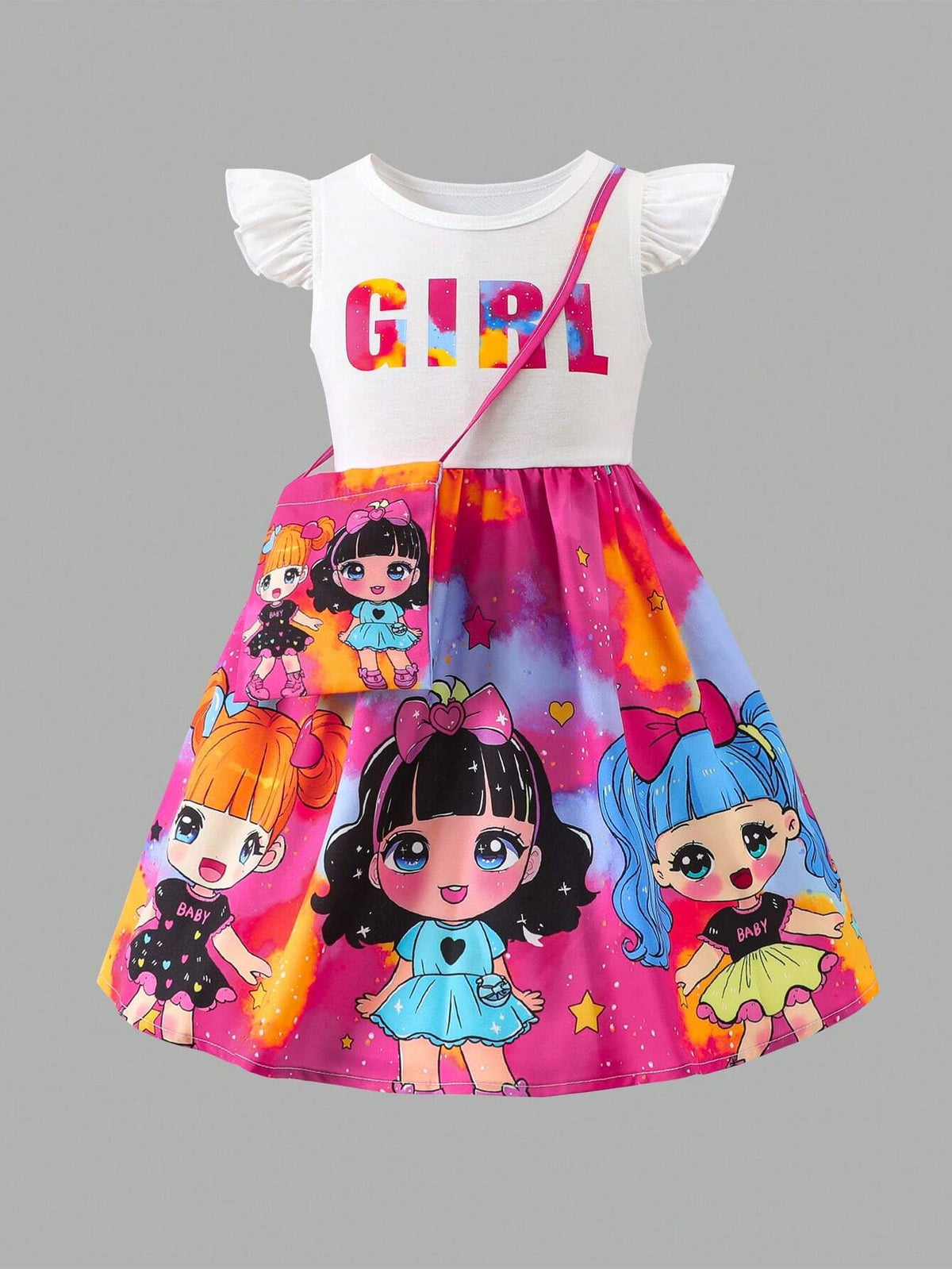 Young Girl's Cute Tie-Dye Sweet Y2K Style Dress With Flared Sleeves And Matching Bag