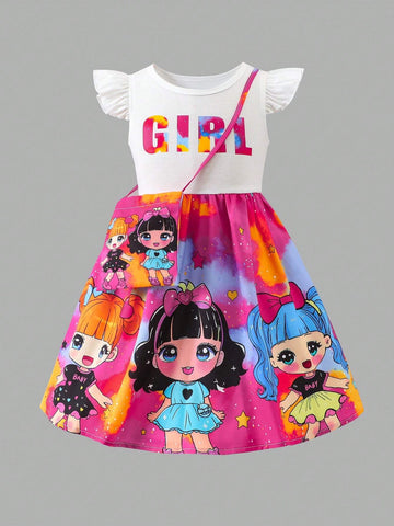 Young Girl's Cute Tie-Dye Sweet Y2K Style Dress With Flared Sleeves And Matching Bag