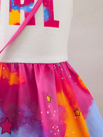 Young Girl's Cute Tie-Dye Sweet Y2K Style Dress With Flared Sleeves And Matching Bag