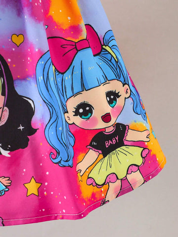 Young Girl's Cute Tie-Dye Sweet Y2K Style Dress With Flared Sleeves And Matching Bag