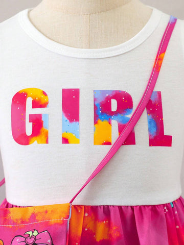 Young Girl's Cute Tie-Dye Sweet Y2K Style Dress With Flared Sleeves And Matching Bag