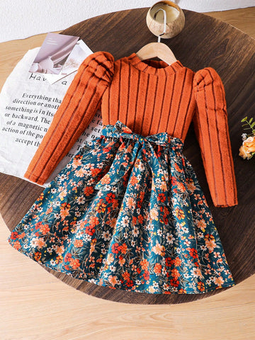 Young Girls Cute & Casual Trendy Knit Patchwork Floral Print Puff Sleeve , Gigot Sleeve Long Sleves Dress