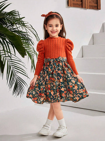 Young Girls Cute & Casual Trendy Knit Patchwork Floral Print Puff Sleeve , Gigot Sleeve Long Sleves Dress