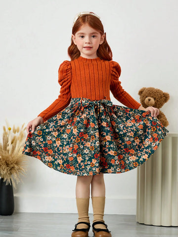 Young Girls Cute & Casual Trendy Knit Patchwork Floral Print Puff Sleeve , Gigot Sleeve Long Sleves Dress