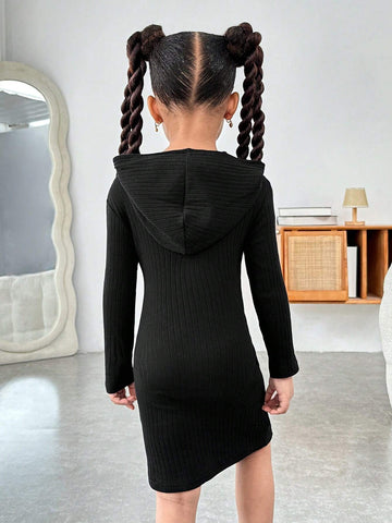 Young Girls Daily Casual Embroidered Hooded Fitted Knit Dress