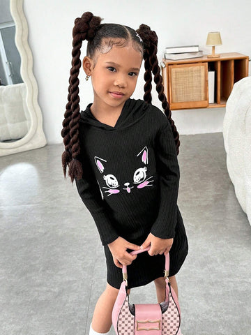 Young Girls Daily Casual Embroidered Hooded Fitted Knit Dress