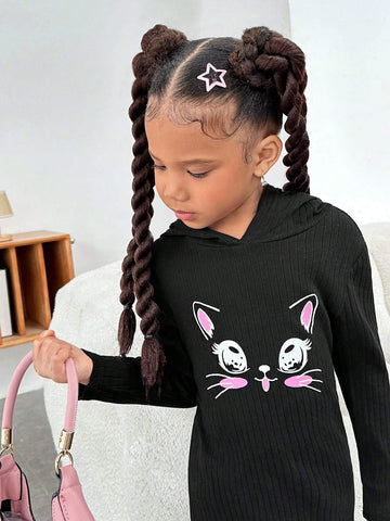 Young Girls Daily Casual Embroidered Hooded Fitted Knit Dress