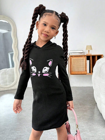 Young Girls Daily Casual Embroidered Hooded Fitted Knit Dress