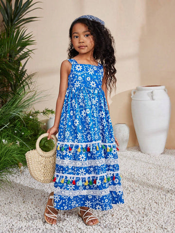 Young Girls' Daily Casual Sleeveless Long Maxi Dress With Woven Flower And Tassel Details, Spring/Summer