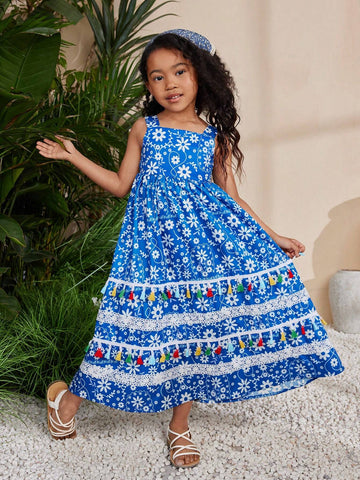Young Girls' Daily Casual Sleeveless Long Maxi Dress With Woven Flower And Tassel Details, Spring/Summer