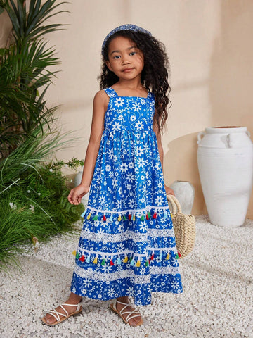 Young Girls' Daily Casual Sleeveless Long Maxi Dress With Woven Flower And Tassel Details, Spring/Summer