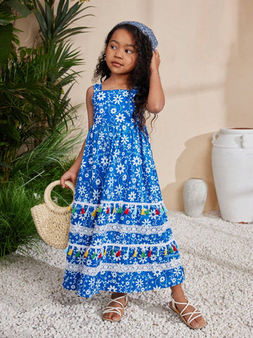 Young Girls' Daily Casual Sleeveless Long Maxi Dress With Woven Flower And Tassel Details, Spring/Summer