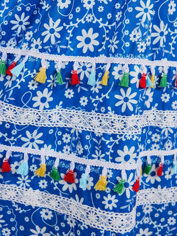 Young Girls' Daily Casual Sleeveless Long Maxi Dress With Woven Flower And Tassel Details, Spring/Summer