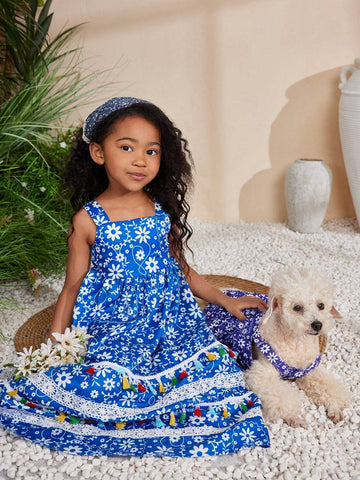 Young Girls' Daily Casual Sleeveless Long Maxi Dress With Woven Flower And Tassel Details, Spring/Summer