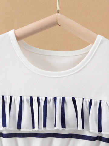 Young Girls' Daily Casual Striped Patchwork Dress With Ruffle Hem