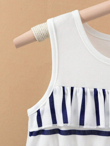 Young Girls' Daily Casual Striped Patchwork Dress With Ruffle Hem