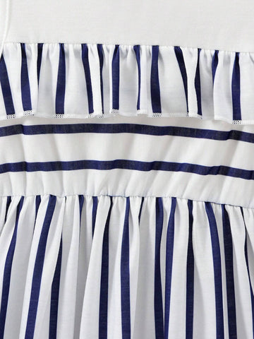 Young Girls' Daily Casual Striped Patchwork Dress With Ruffle Hem