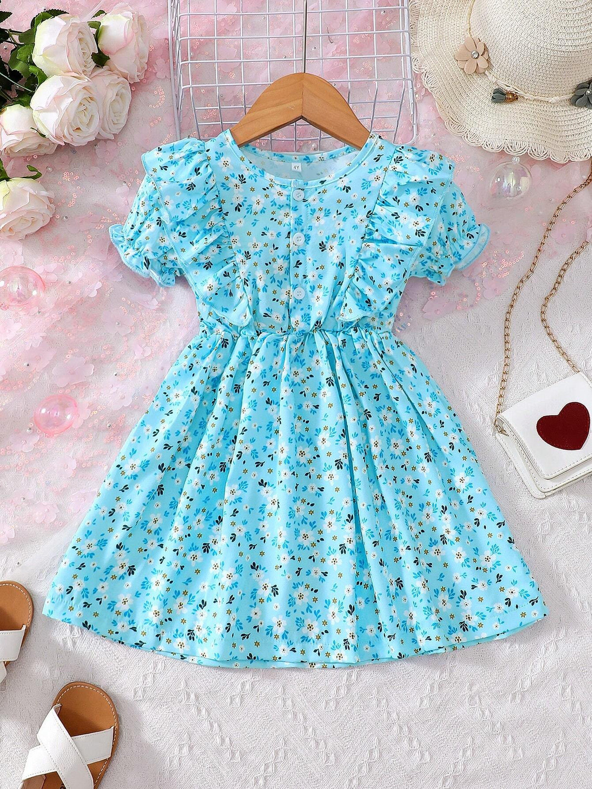 Young Girl's Daisy Print Round Neck Short Sleeve Dress With Ruffle Trim, Perfect For Vacation