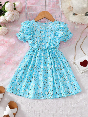 Young Girl's Daisy Print Round Neck Short Sleeve Dress With Ruffle Trim, Perfect For Vacation