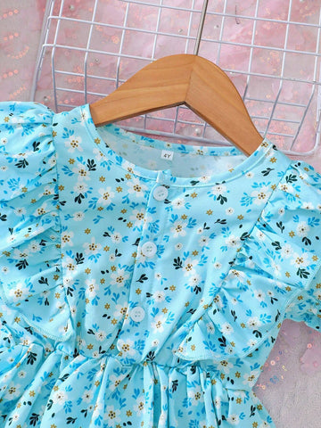 Young Girl's Daisy Print Round Neck Short Sleeve Dress With Ruffle Trim, Perfect For Vacation
