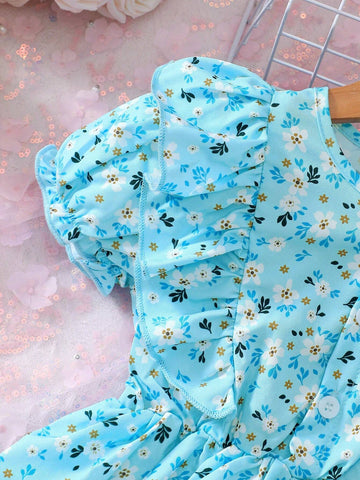 Young Girl's Daisy Print Round Neck Short Sleeve Dress With Ruffle Trim, Perfect For Vacation