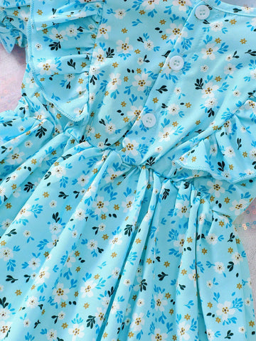 Young Girl's Daisy Print Round Neck Short Sleeve Dress With Ruffle Trim, Perfect For Vacation