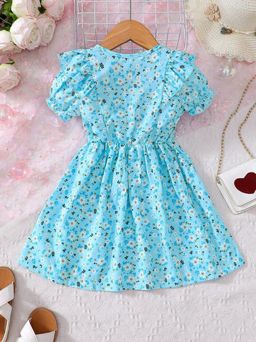 Young Girl's Daisy Print Round Neck Short Sleeve Dress With Ruffle Trim, Perfect For Vacation