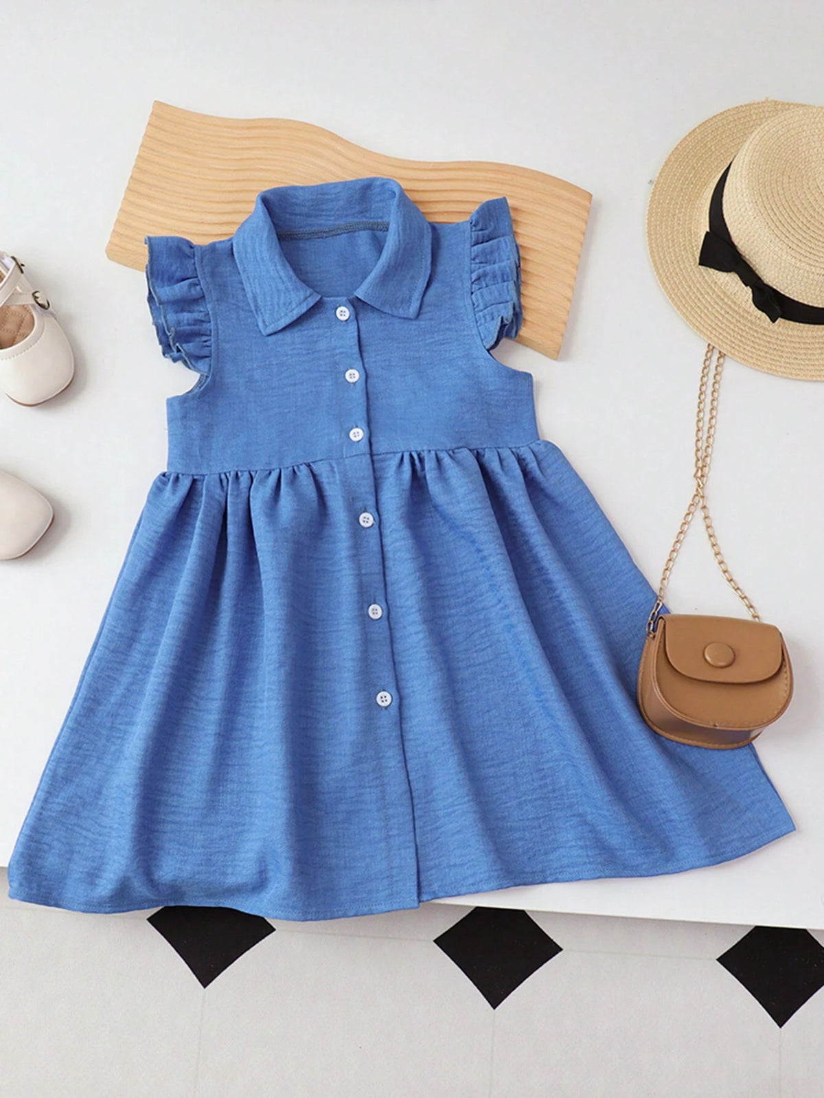 Young Girl's Denim Collar Button-Front Casual Dress With Mushroom Hem, Summer