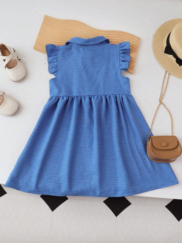 Young Girl's Denim Collar Button-Front Casual Dress With Mushroom Hem, Summer