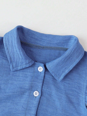 Young Girl's Denim Collar Button-Front Casual Dress With Mushroom Hem, Summer