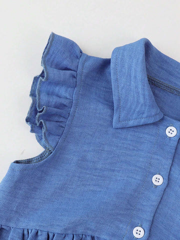 Young Girl's Denim Collar Button-Front Casual Dress With Mushroom Hem, Summer