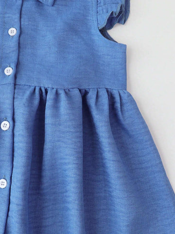 Young Girl's Denim Collar Button-Front Casual Dress With Mushroom Hem, Summer