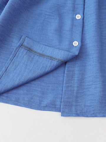 Young Girl's Denim Collar Button-Front Casual Dress With Mushroom Hem, Summer