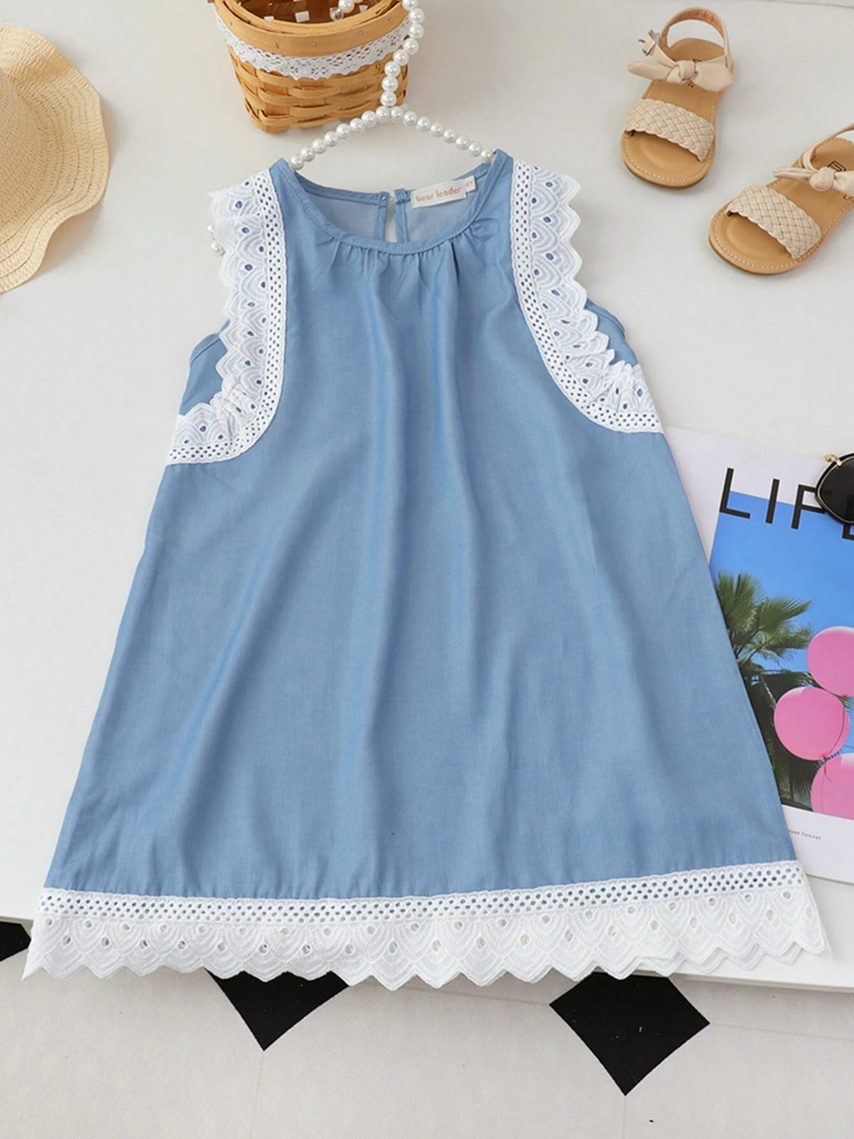 Young Girls Denim Lace Trim Vacation Sleeveless Dress