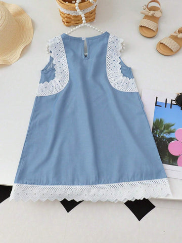 Young Girls Denim Lace Trim Vacation Sleeveless Dress