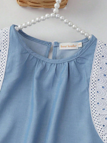 Young Girls Denim Lace Trim Vacation Sleeveless Dress