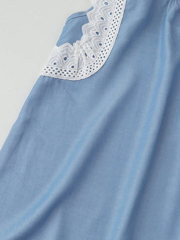Young Girls Denim Lace Trim Vacation Sleeveless Dress
