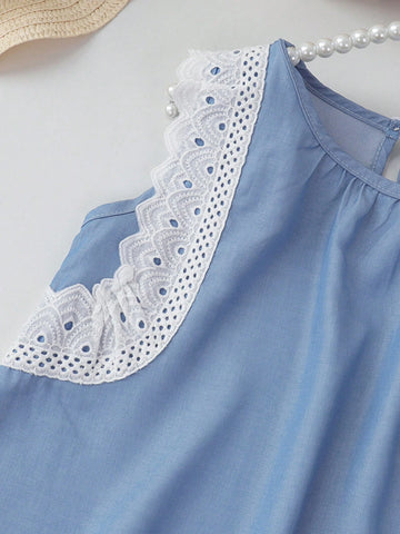 Young Girls Denim Lace Trim Vacation Sleeveless Dress