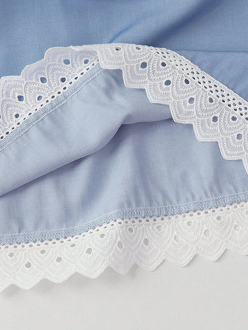 Young Girls Denim Lace Trim Vacation Sleeveless Dress