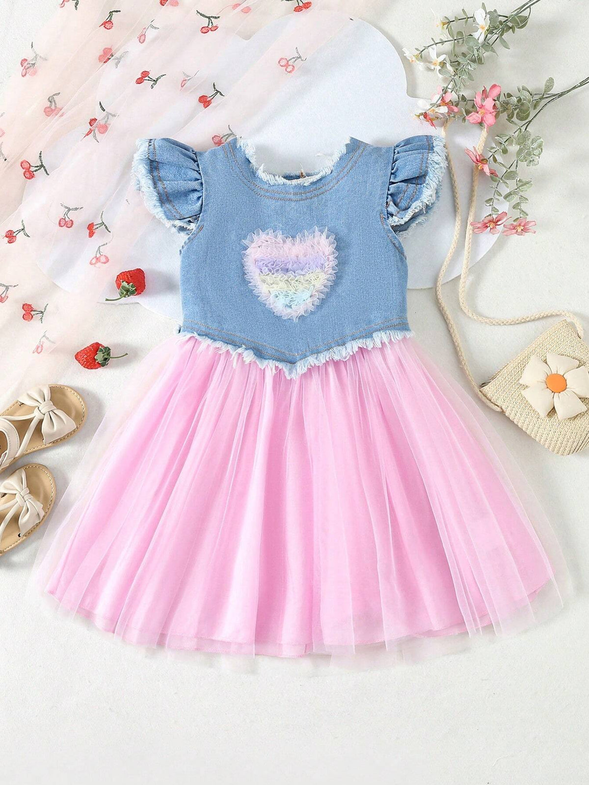 Young Girls' Denim Patchwork Dress With 3d Decoration And Mesh Hem For Spring/Summer