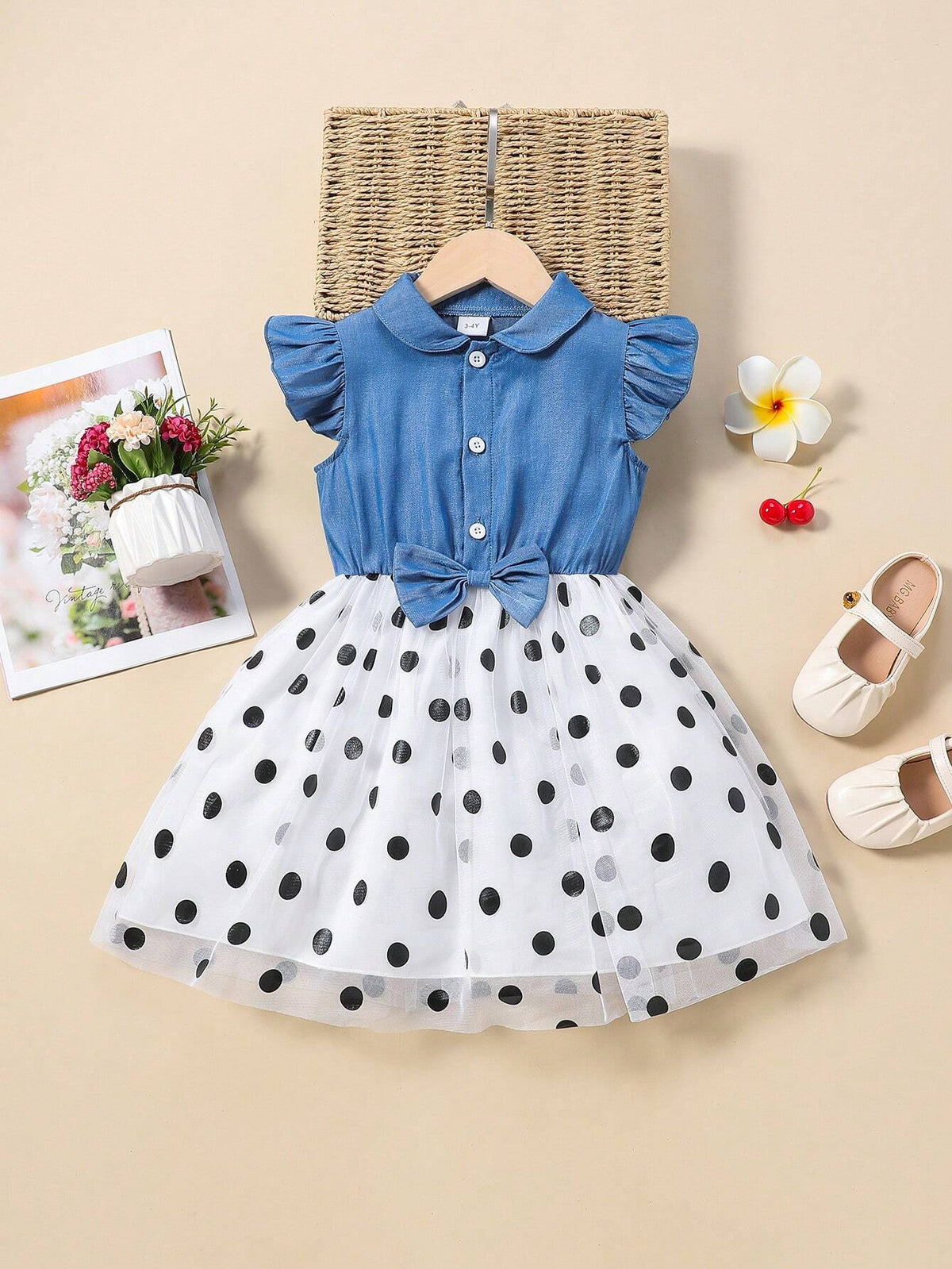 Young Girls' Denim & Polka Dot Mesh Patchwork Elastic Waist Flowy Open Chest Dress