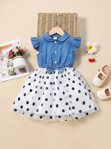 Young Girls' Denim & Polka Dot Mesh Patchwork Elastic Waist Flowy Open Chest Dress