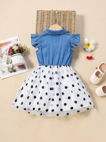 Young Girls' Denim & Polka Dot Mesh Patchwork Elastic Waist Flowy Open Chest Dress