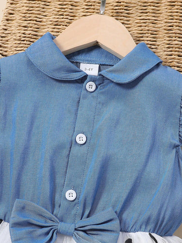 Young Girls' Denim & Polka Dot Mesh Patchwork Elastic Waist Flowy Open Chest Dress